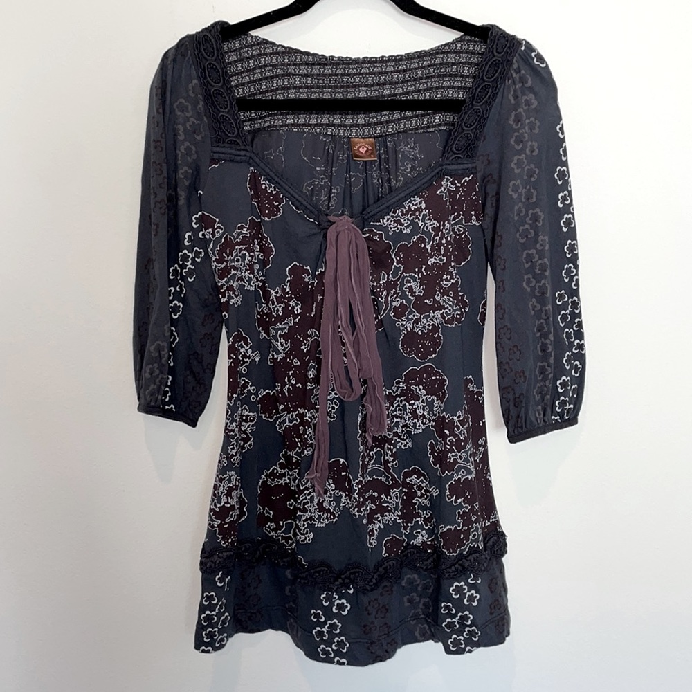 Language Romantic Navy Floral Blouse with Tie Neck